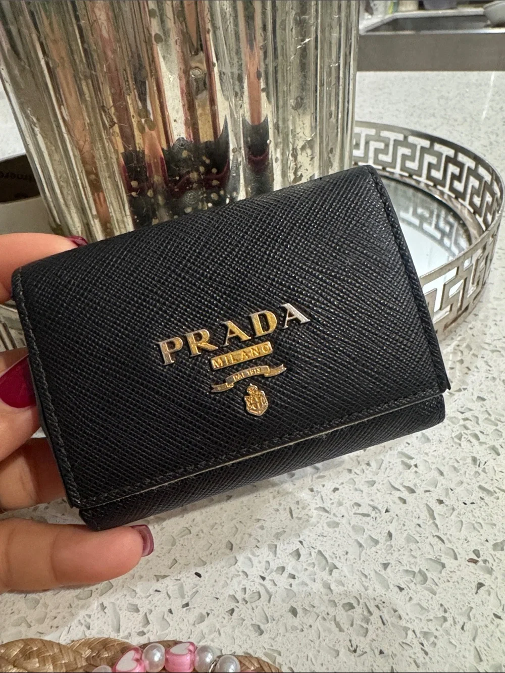 🖤Prada Saffiano Leather Tri-Fold Wallet Black Pink
